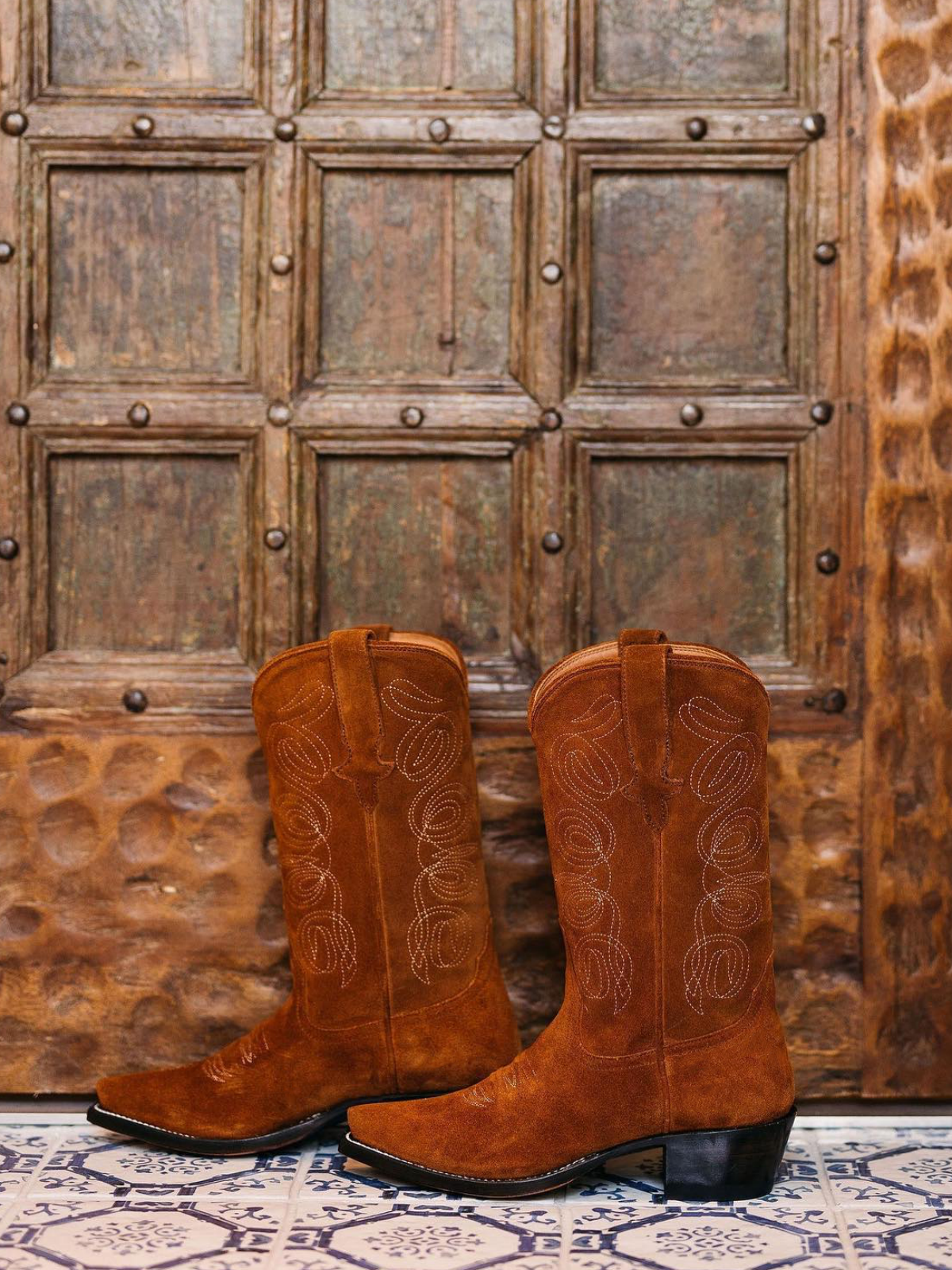 Brown Faux Suede Embroidery Cowgirl Boots Wide Calf Western Boots