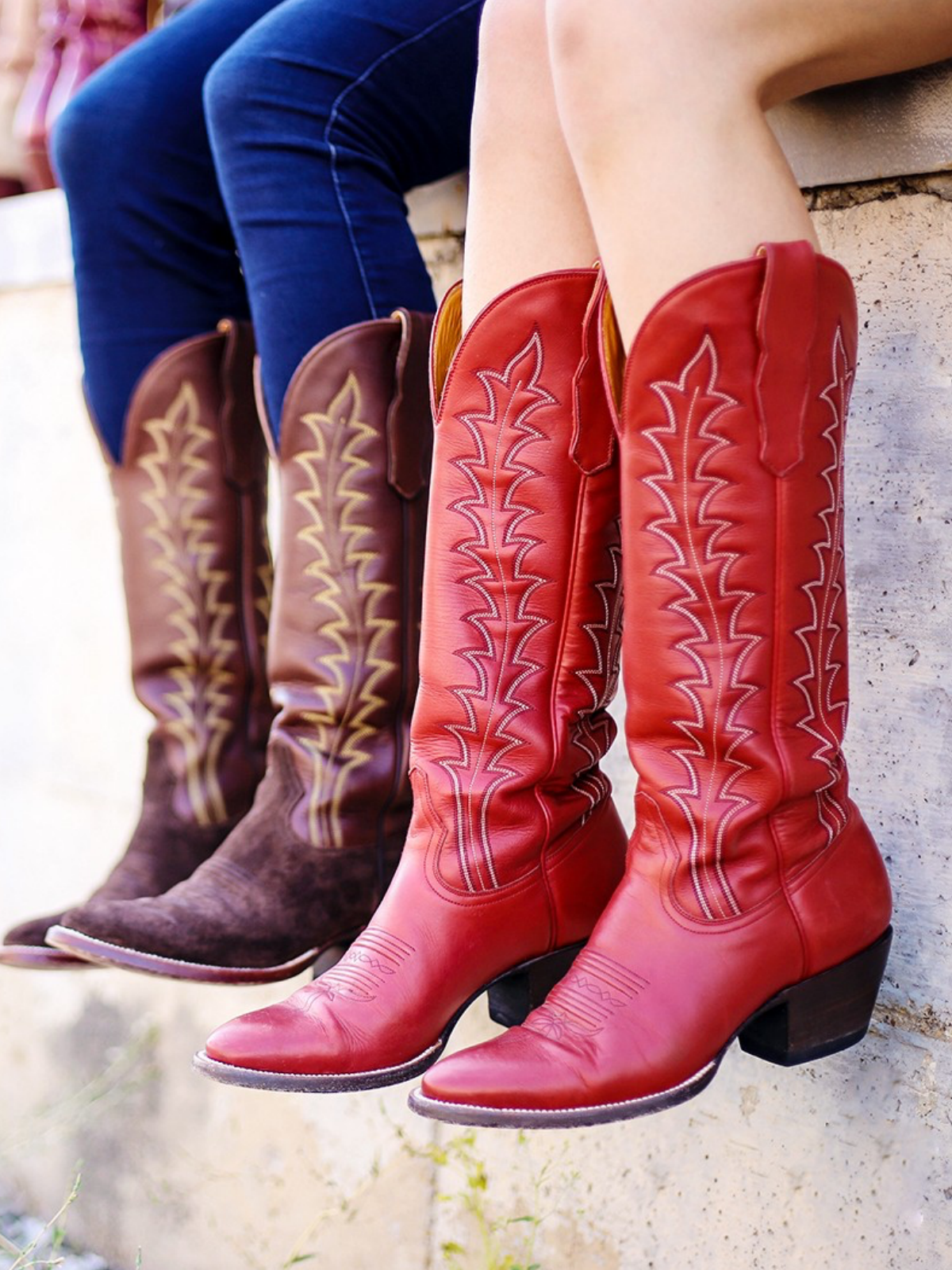 Red Vegan Leather Embroidery Almond-Toe Wide Mid Calf Tall Cowgirl Boots