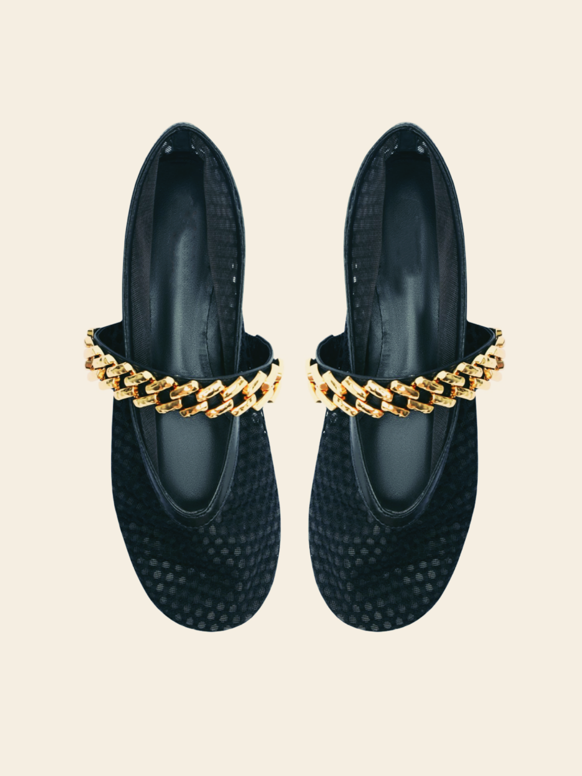 Black Fishnet Round Toe Flats Mary Janes With Gold Chain Strap