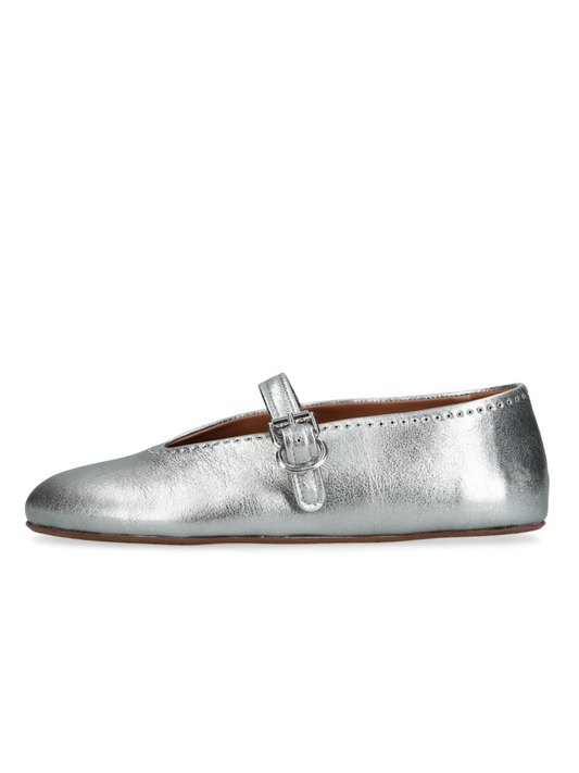 Metallic Silver Eyelet Ballet Flats Mary Janes With Buckled Strap