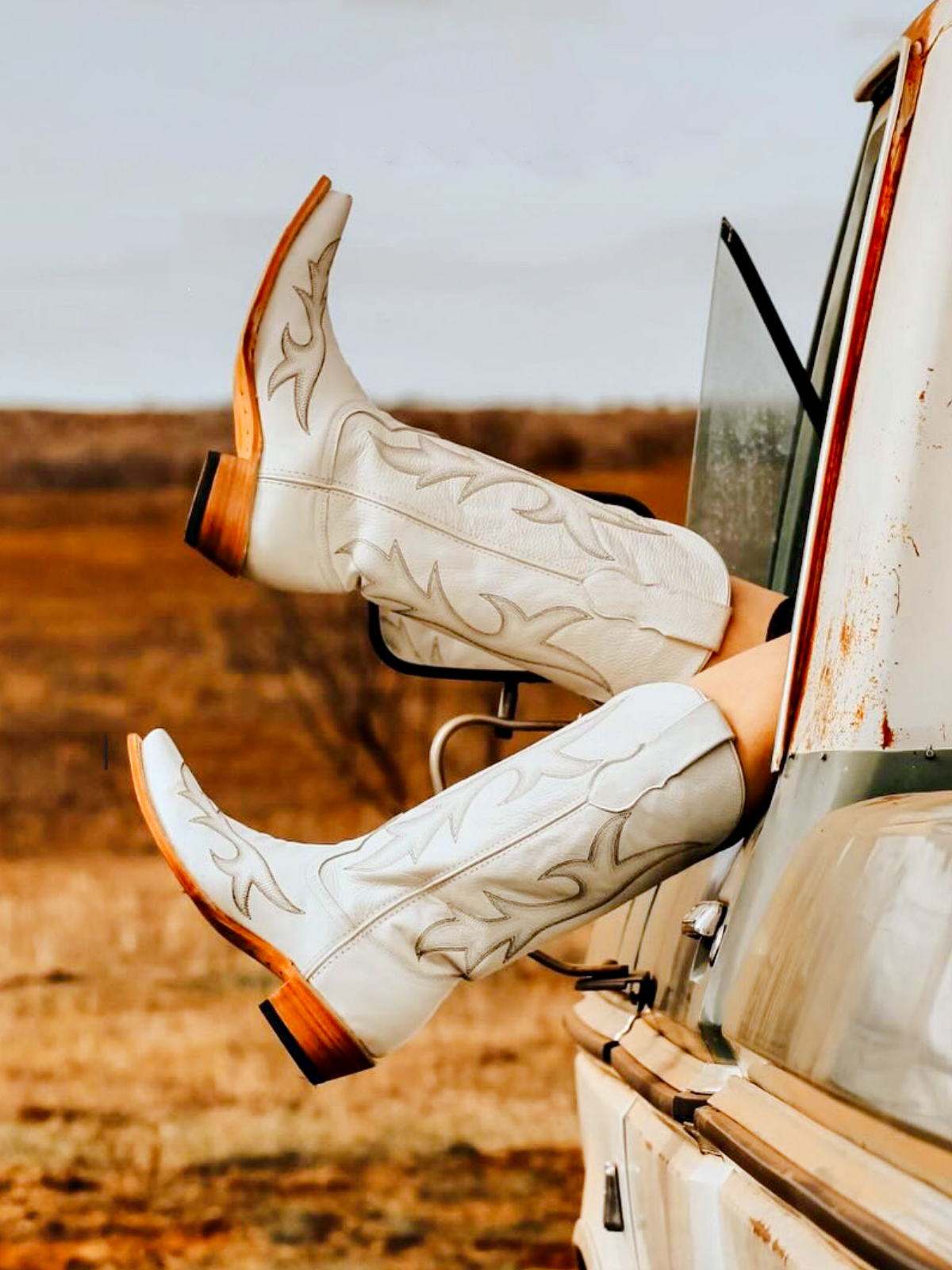 White Embroidery Snip-Toe Wide Calf Western Boots Vegan Leather Cowgirl Tall Boots