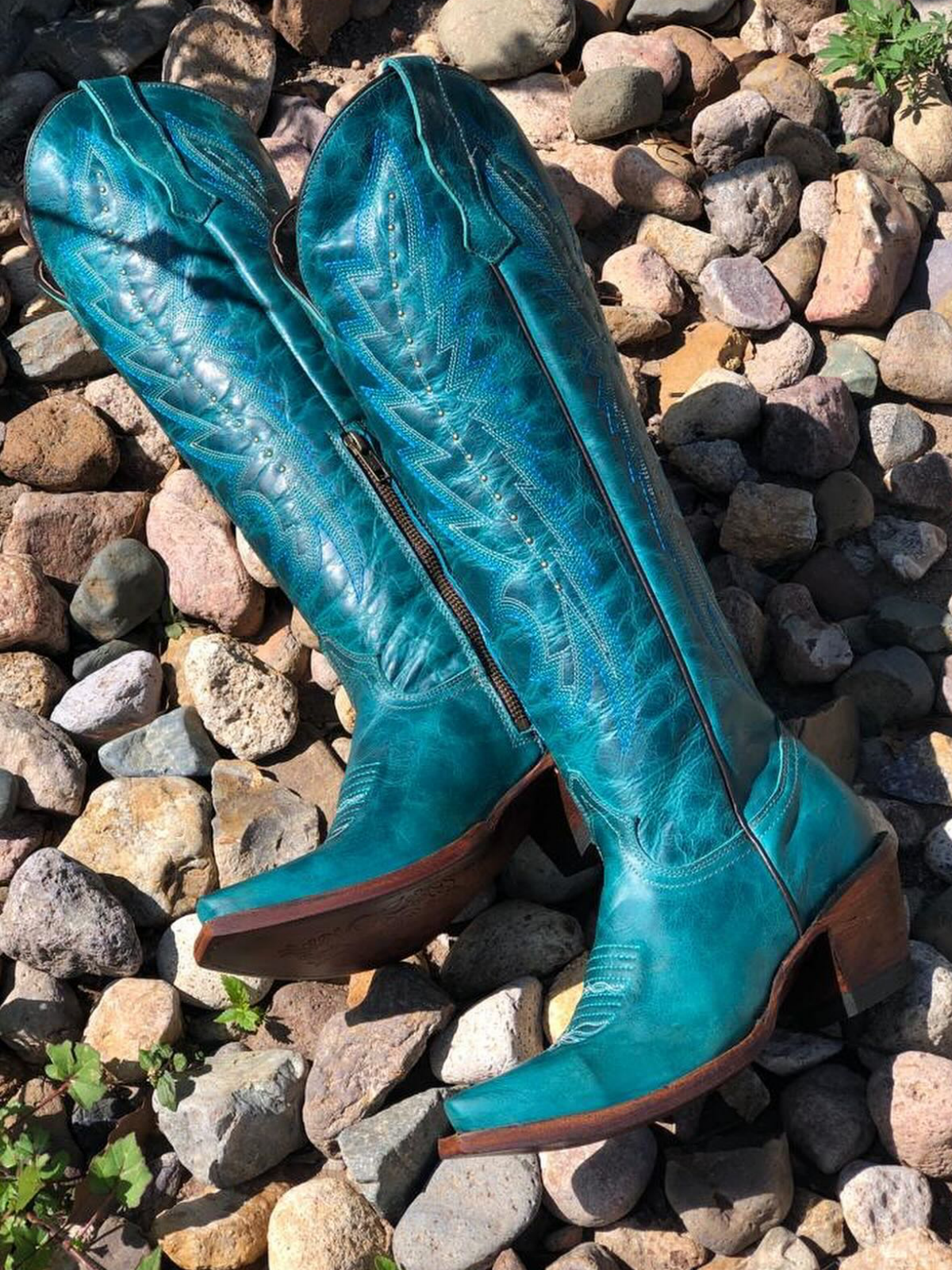 Distressed Turquoise Embroidery Studded Snip-Toe Half-Zip Cowboy Knee High Tall Boots For Women