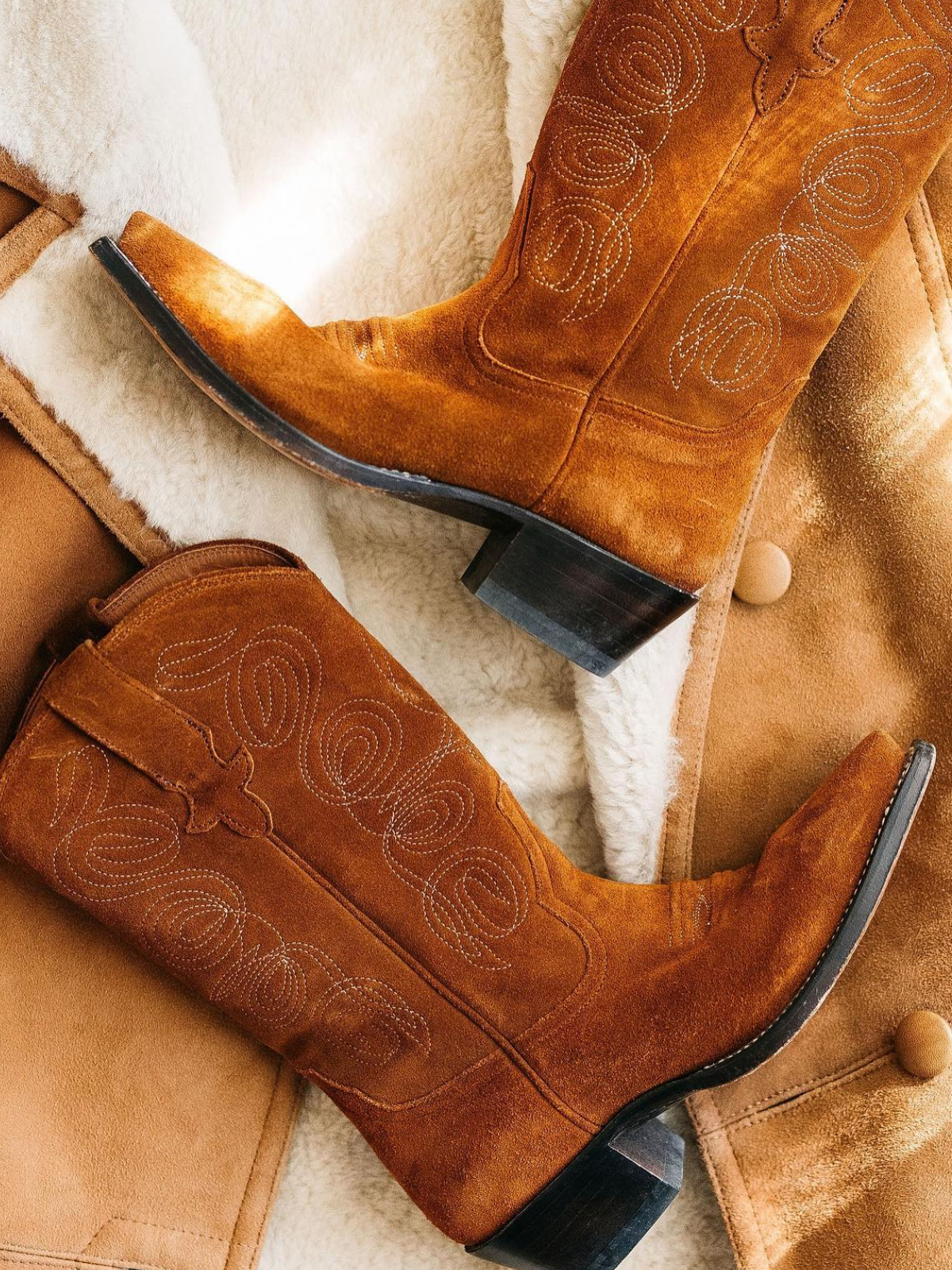 Brown Faux Suede Embroidery Cowgirl Boots Wide Calf Western Boots