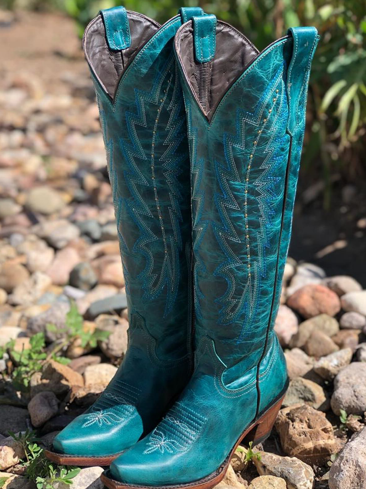 Distressed Turquoise Embroidery Studded Snip-Toe Half-Zip Cowboy Knee High Tall Boots For Women