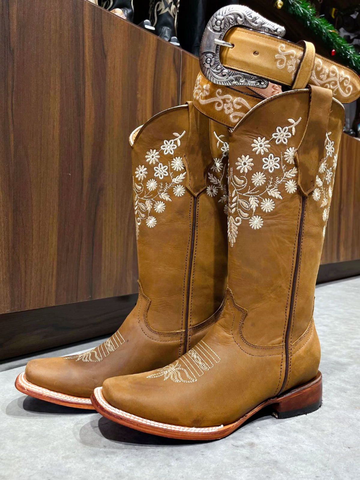 Tan Square-Toe Floral Embroidery Wide Mid Calf Cowgirl Boots