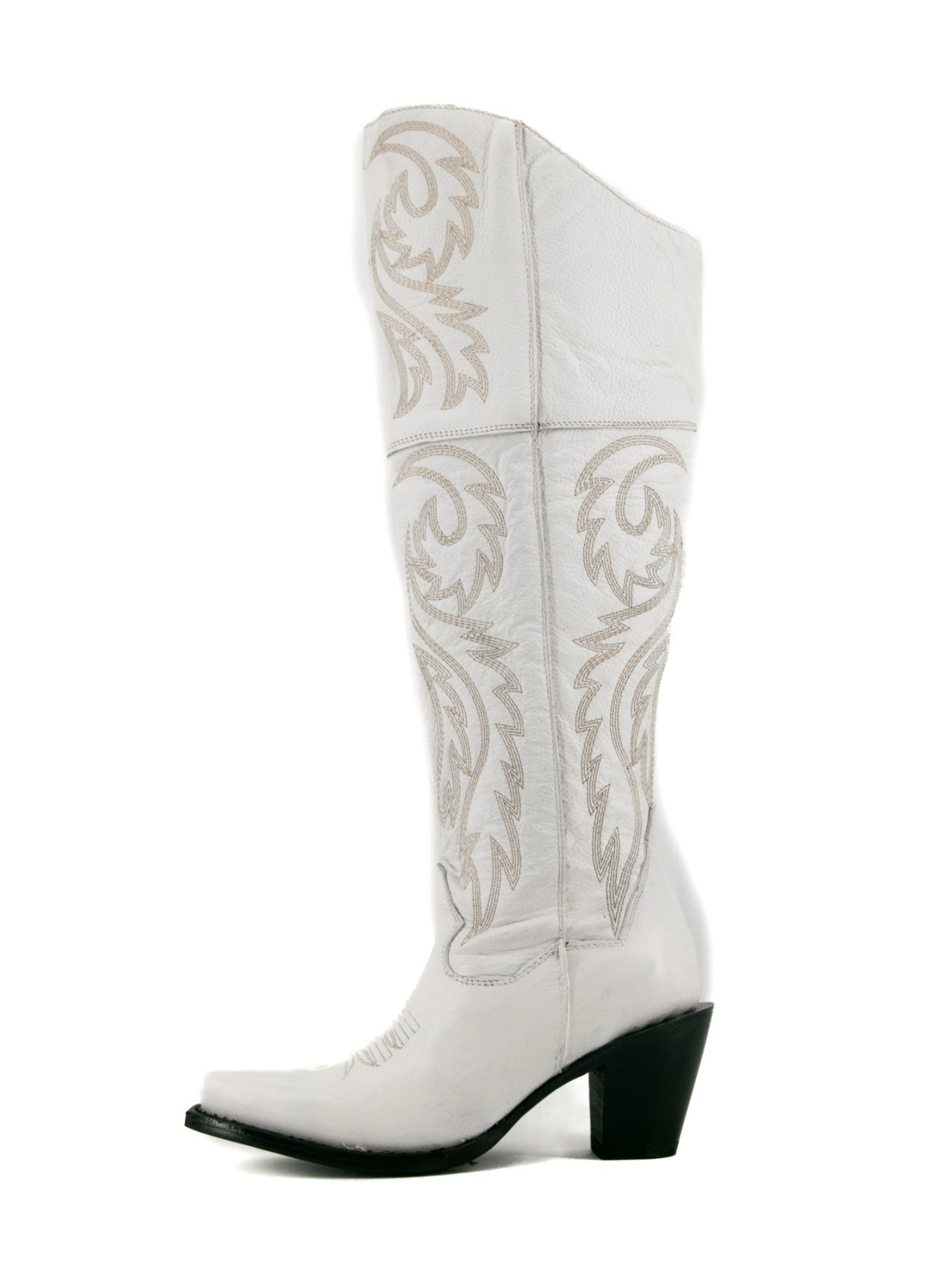 Snip-Toe Embroidery Tall Half-Zip Knee High Cowgirl Boots - White