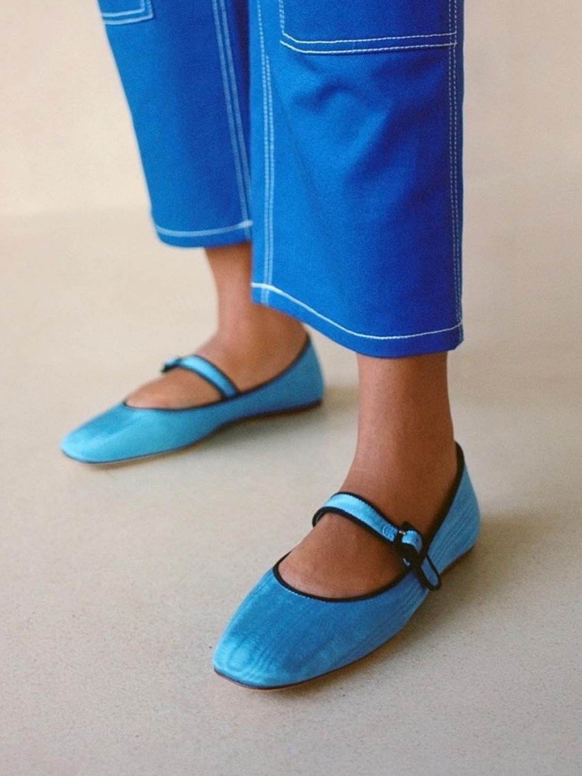 Blue Cloth Square-Toe Adjustable Bridge Strap Mary Janes Ballet Flats