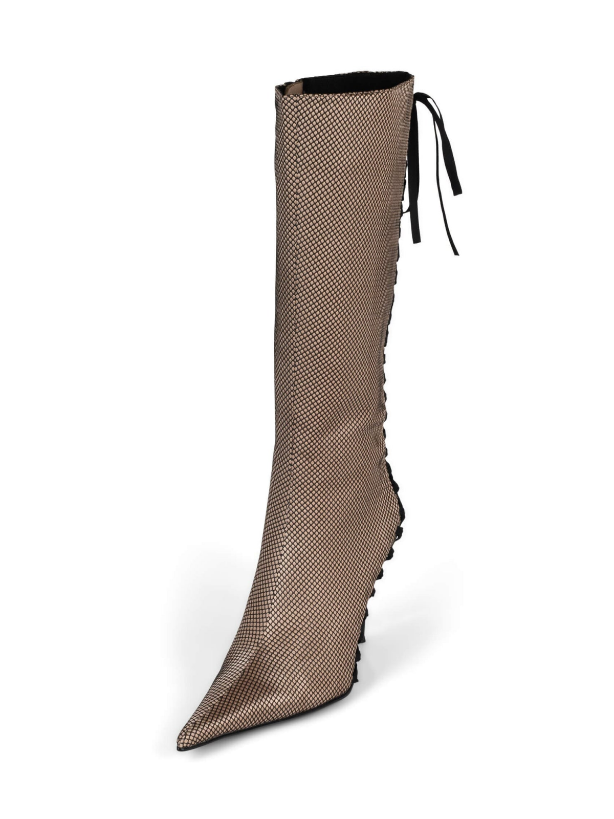 Metallic Fabric Champagne Full-Zip Mid Calf Stiletto Boots With Corset Lacing And Fishnet Overlay