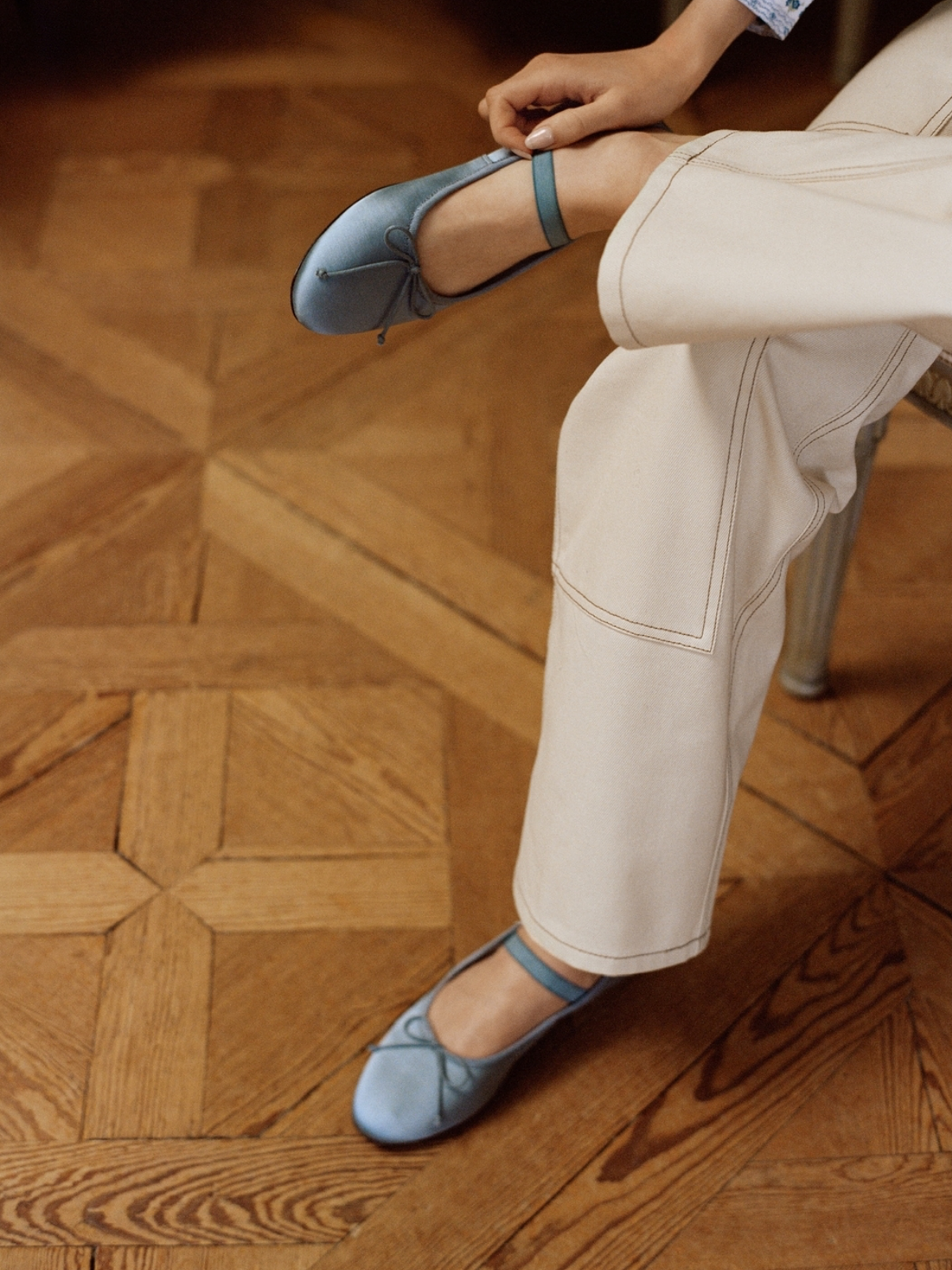 Light Blue Satin Bow Detail Vegan Leather Ballet Flats Mary Janes