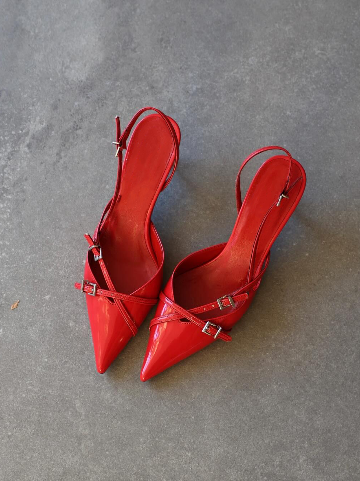 Red Vegan Leather Kitten Heels Slingback Courts Pumps With Crossed Buckled Strap