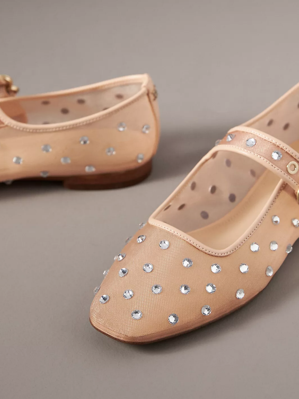 Beige Mesh Square-Toe Rhinestone Ballet Mary Janes Flats With Bridge Strap