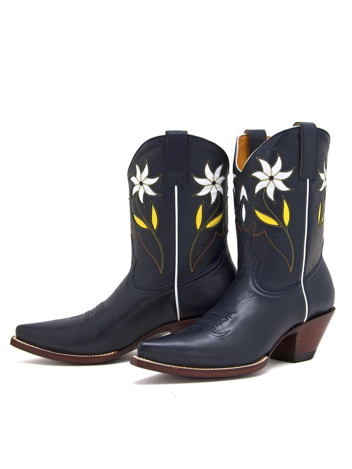 Dark Blue Flower Inaly Pointed-Toe Wide Mid Calf Cowgirl Boots