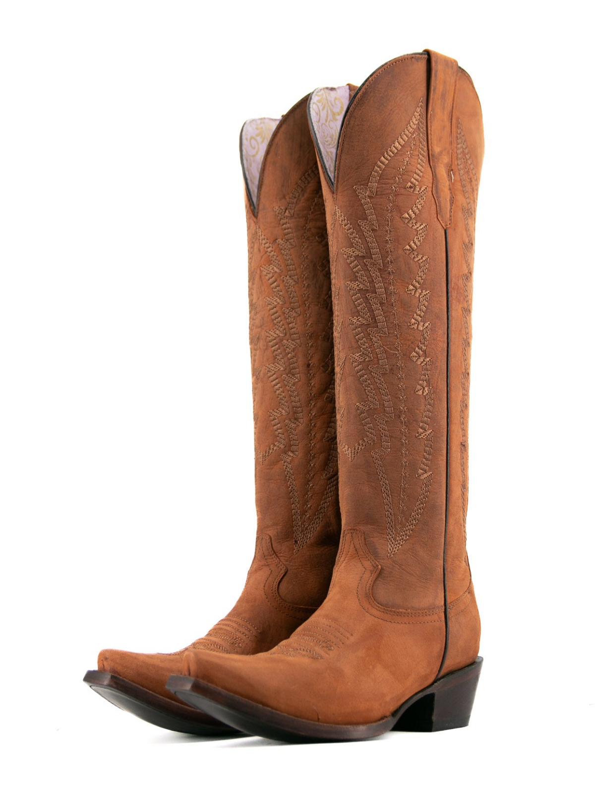 Honey Faux Suede Snip-Toe Half-Zip Embroidery Tall Knee High Cowgirl Boots