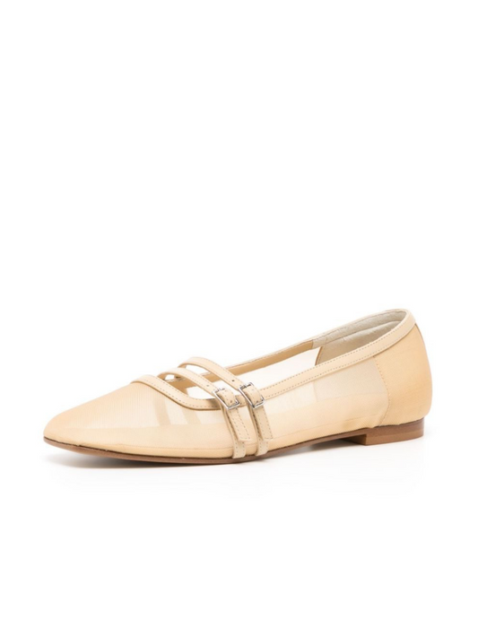 Nude Square Toe Semi-Transparent Mesh Ballet Flats With Double Buckled Strap