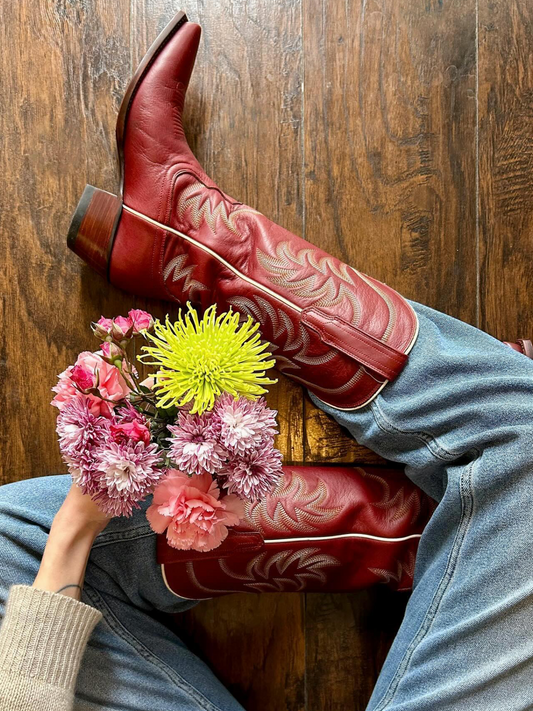 Scarlet Embroidery Snip-Toe Wide Mid Calf Cowgirl Tall Boots