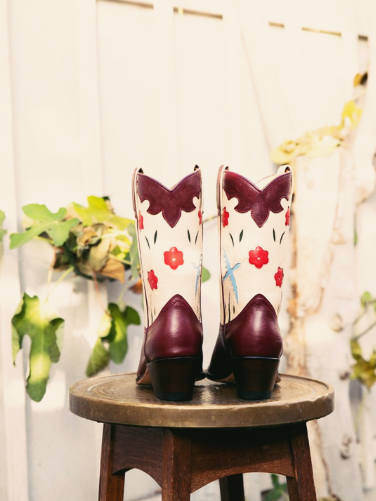 Contrast Maroon And Ivory Pointed-Toe Wide Mid Calf Cowgirl Boots With Flower Inlay