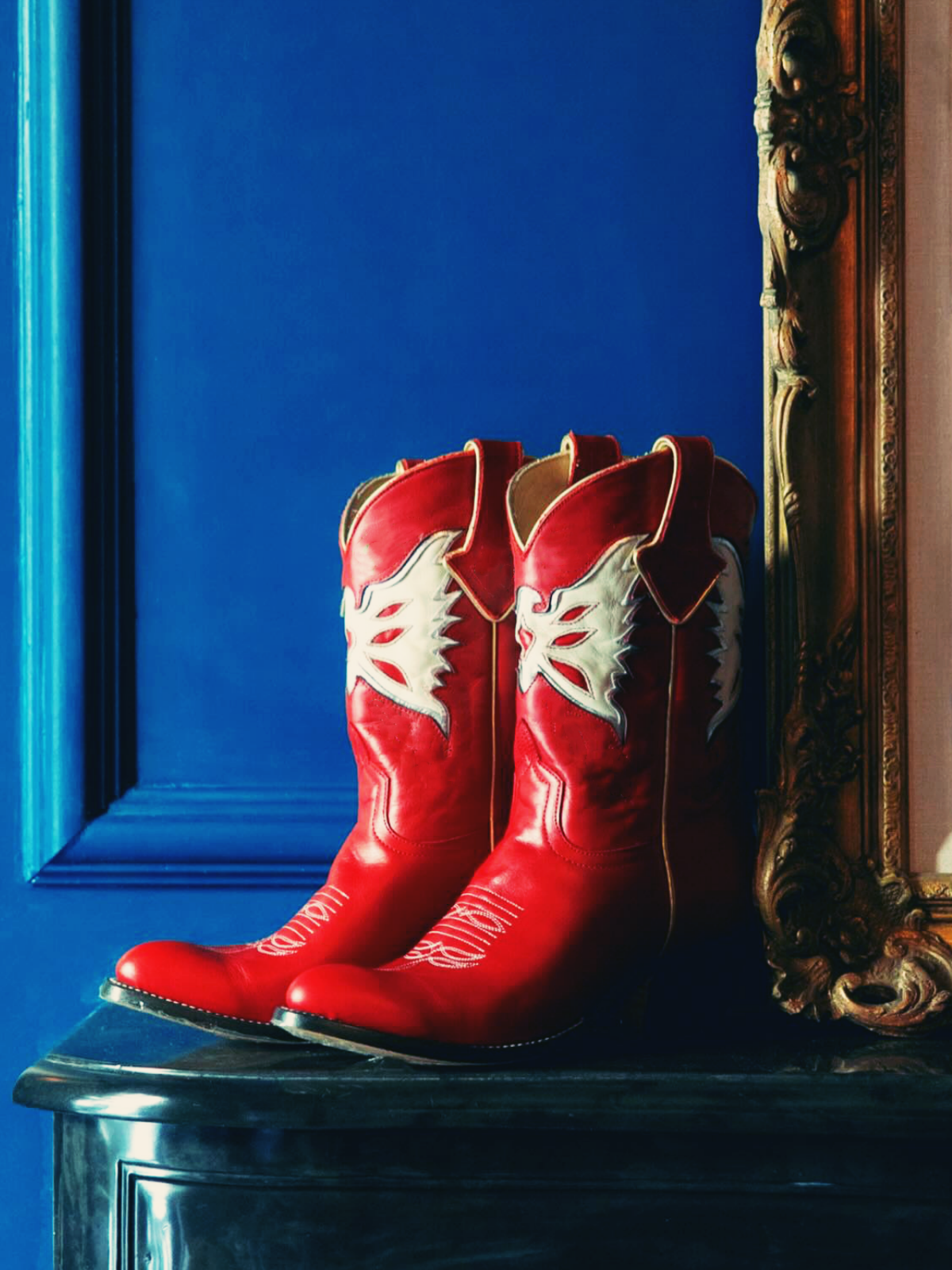 Red Thunderbird Inlay Almond-Toe Wide Mid Calf Western Cowgirl Boots