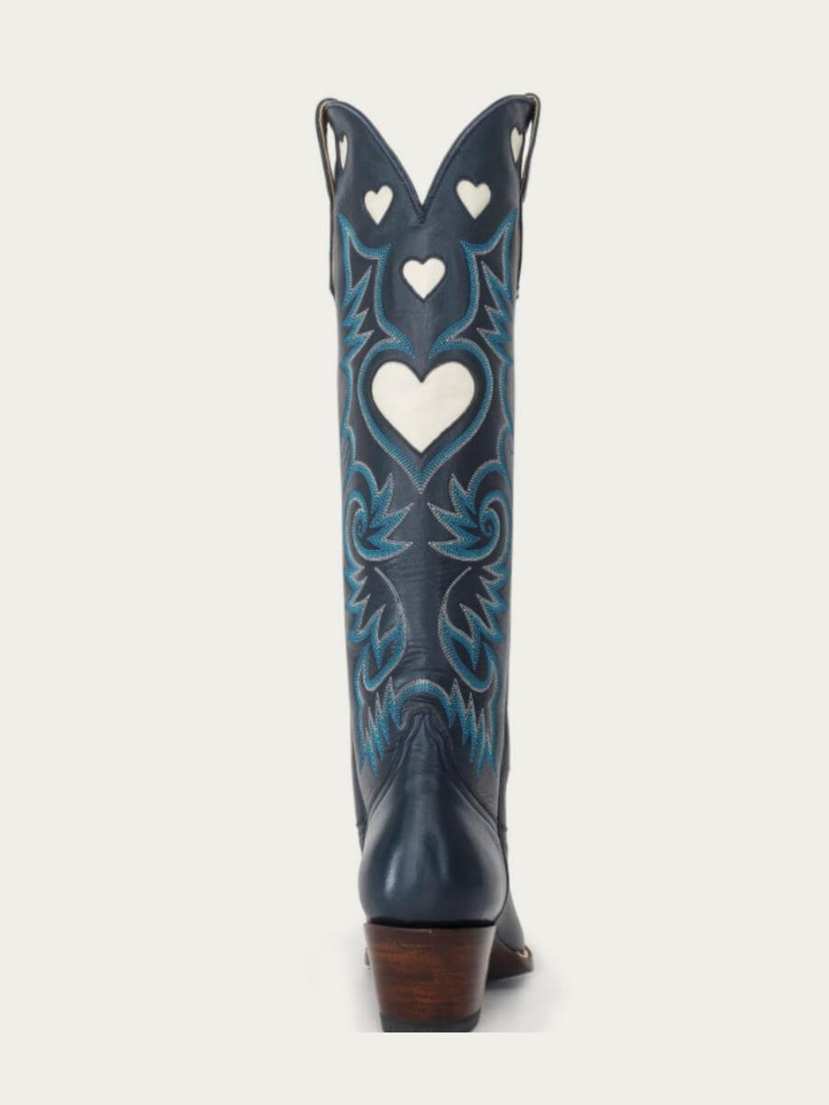 Ivory Heart Inlay Embroidery Almond-Toe Tall Wide Mid Calf Cowgirl Boots - Navy Blue