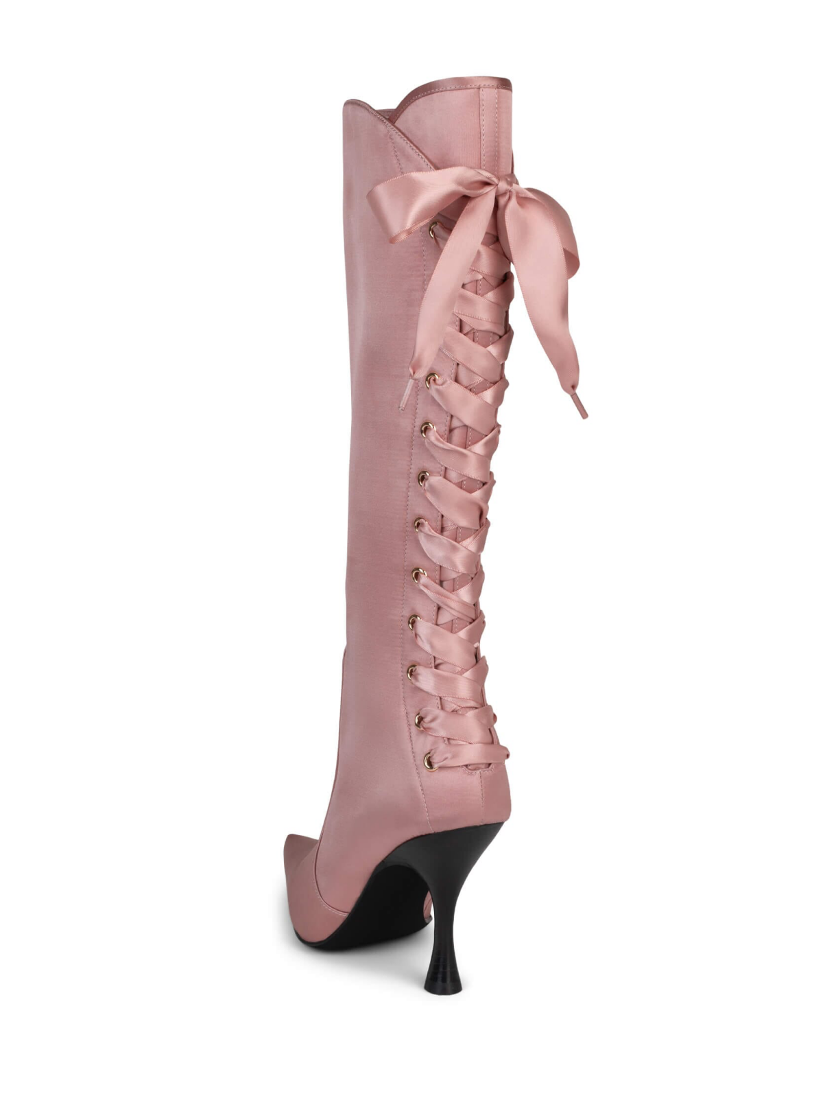 Pink Satin Fabric Pointed-Toe Full-Zip Mid Calf Stiletto Boots With Lace-Up