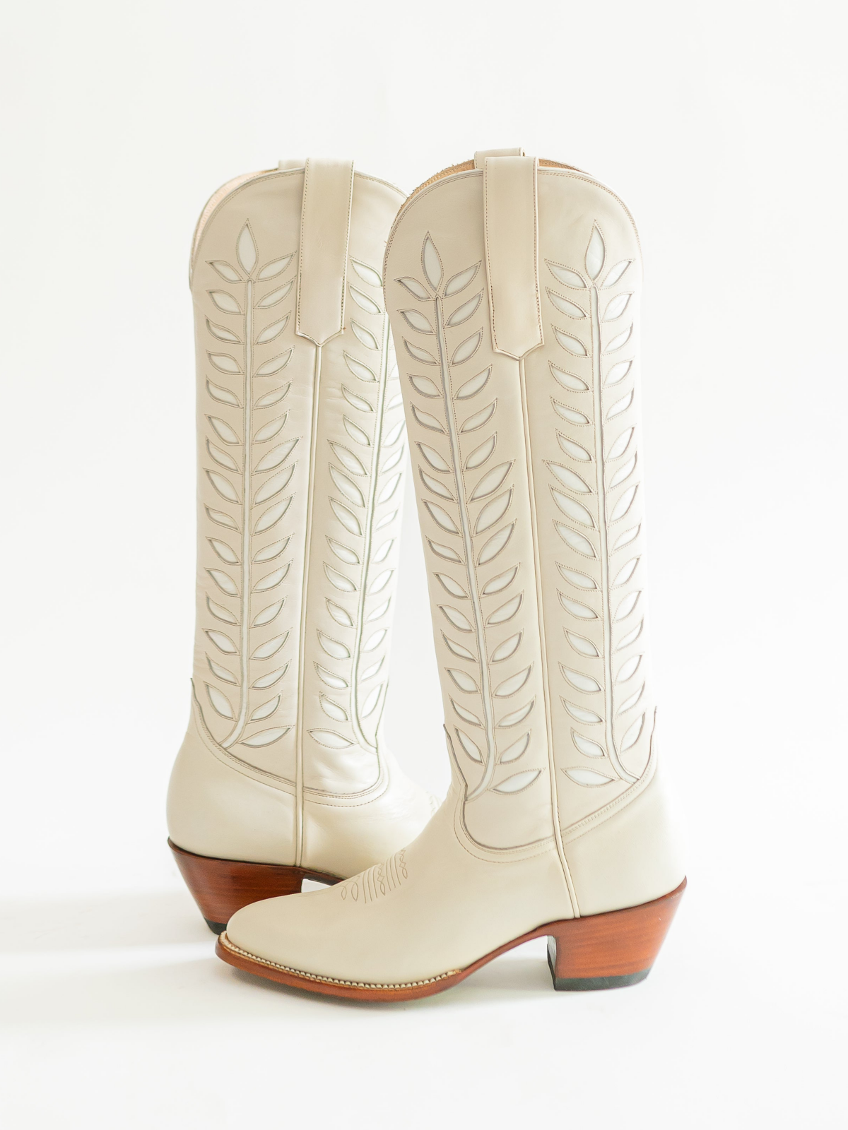 Almond-Toe Ivory Leaves Inlay Wide Calf Tall Knee High Cowgirl Boots - Cream