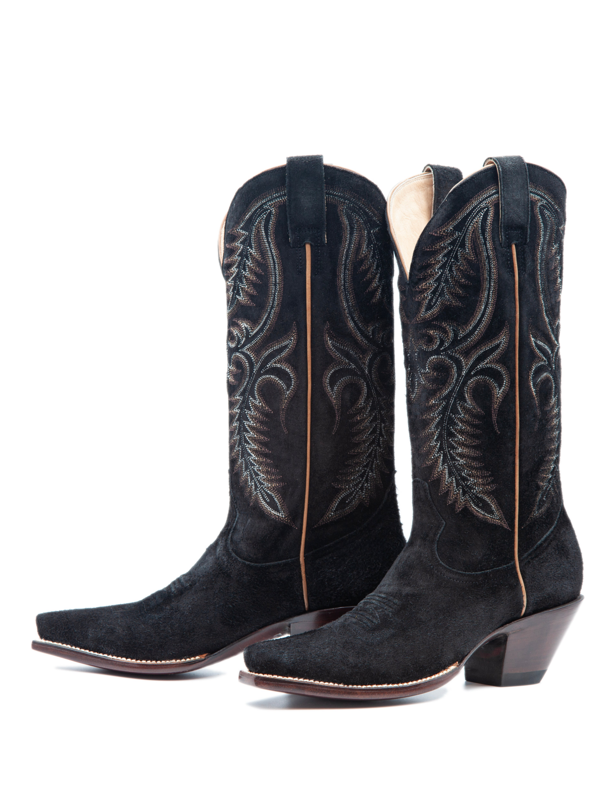 Black Faux Suede Snip-Toe Feather Embroidery Wide Mid Calf Tall Cowgirl Boots