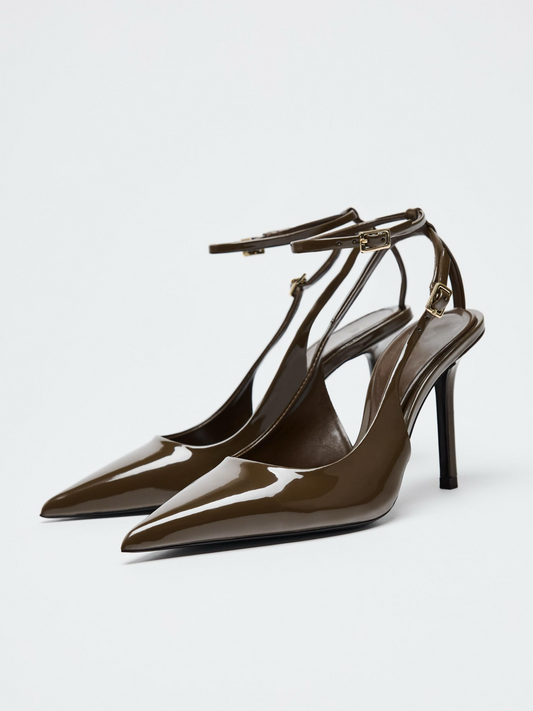 Green Patent Pointed-Toe Double Buckle Ankle Strap Slingback Pump High Heels