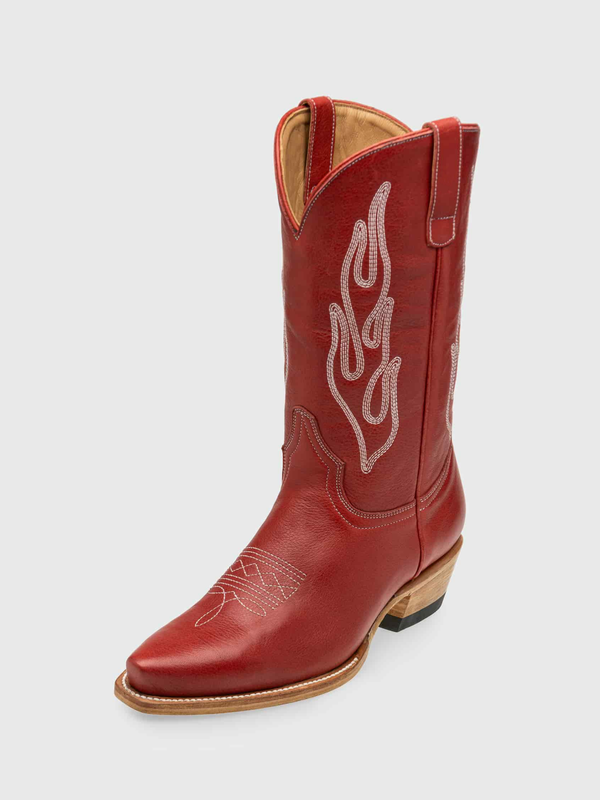 Flame Embroidery Snip-Toe Wide Mid Calf Tall Cowgirl Boots - Red