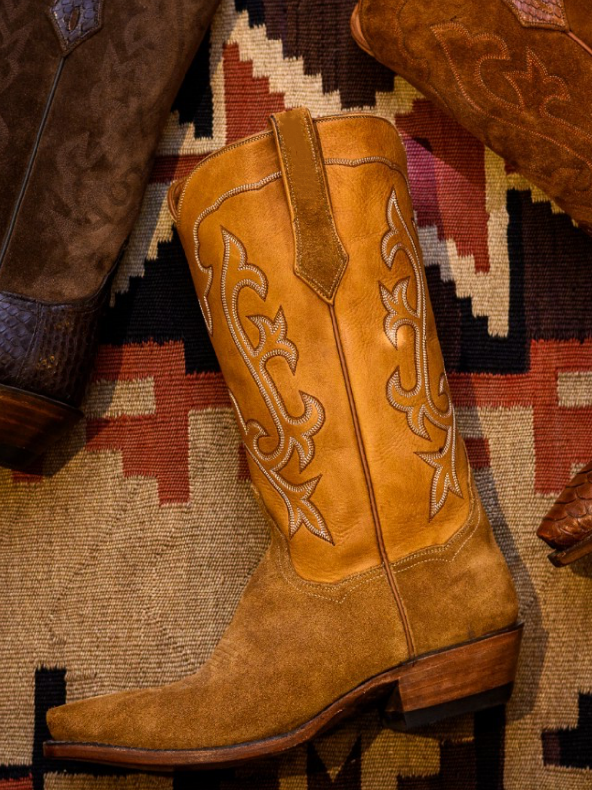 Contrast Cognac And Brown Faux Suede Snip-Toe Embroidery Wide Mid Calf Tall Cowgirl Boots