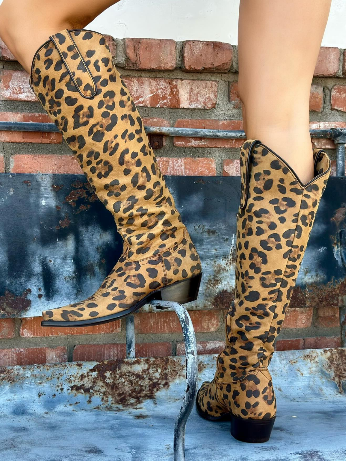 Leopard Snip-Toe Half-Zip Knee High Tall Cowgirl Boots