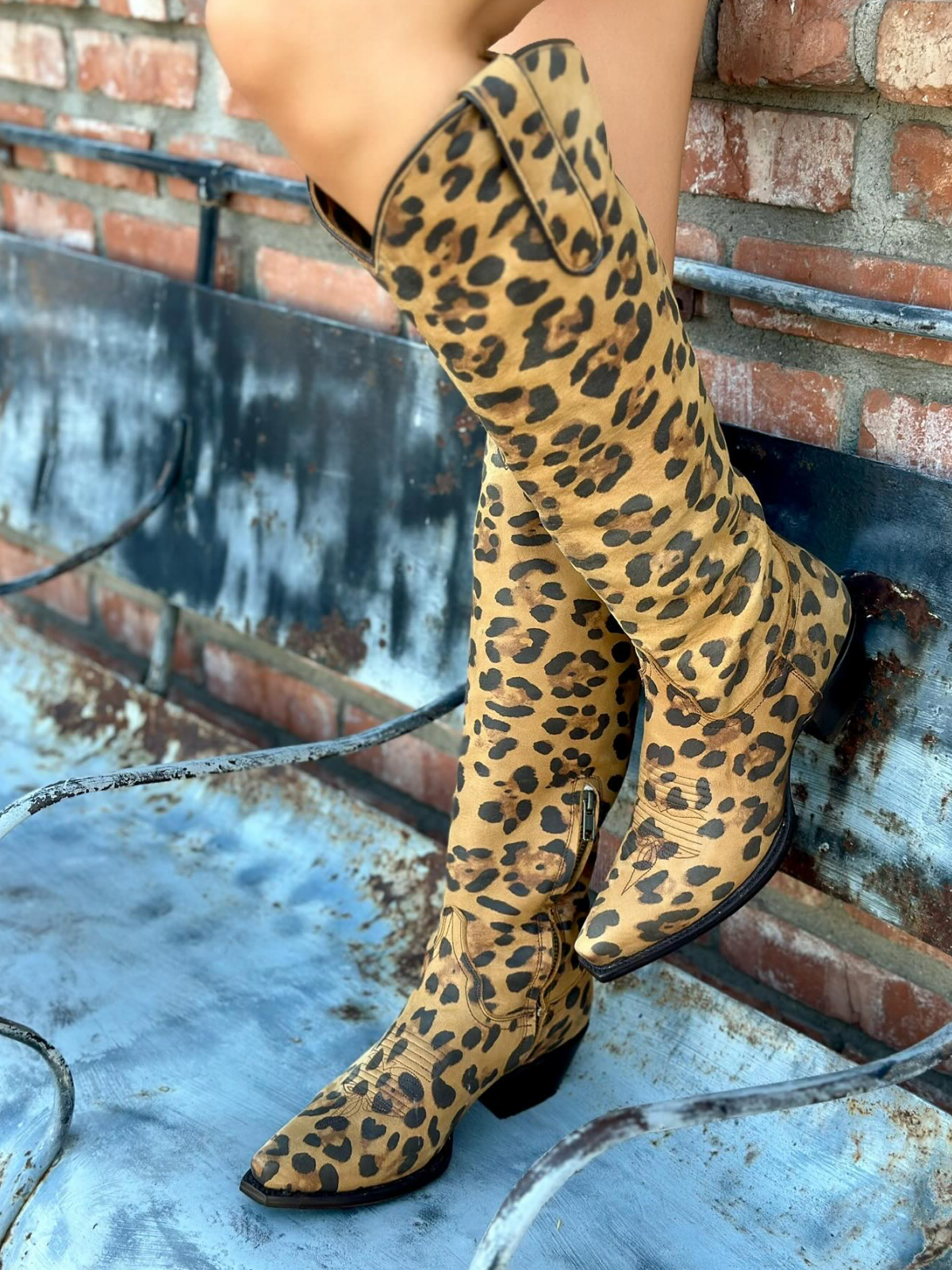 Leopard Snip-Toe Half-Zip Knee High Tall Cowgirl Boots