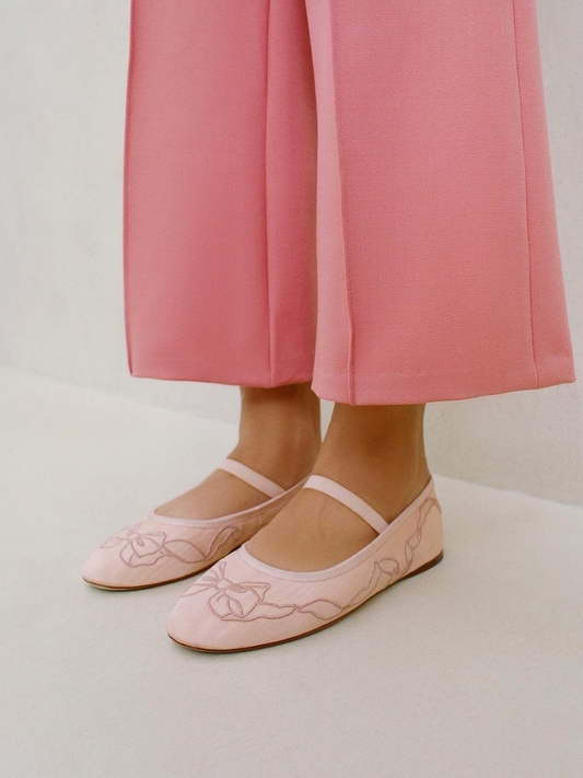 Blush Pink Bow Embroidered Fabric Ballet Flats Mary Janes