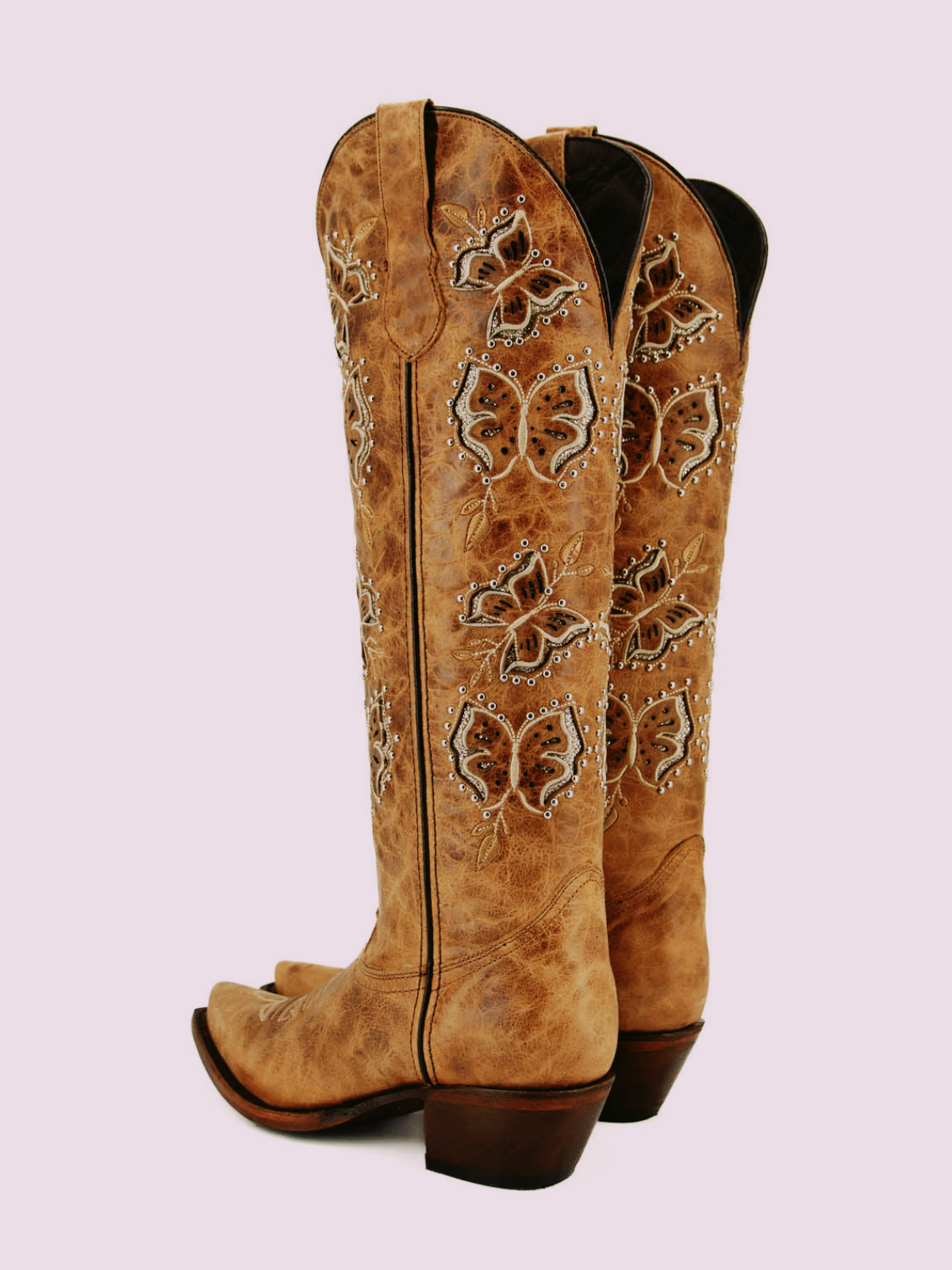 Distressed Brown Snip-Toe Studded Butterfly Inlay Wide Calf Tall Knee High Cowgirl Boots