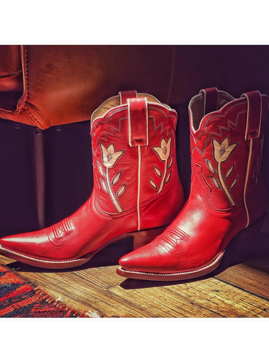 Red Pointed-Toe Wide Mid Calf Cowgirl Boots With White Tulip Inlay