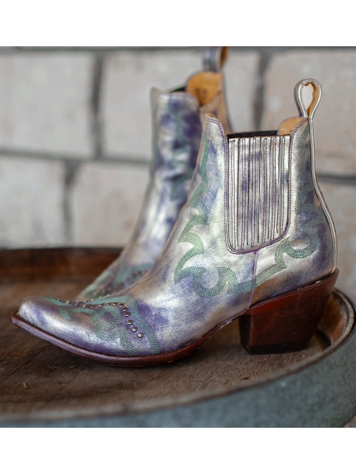 Metallic Almond-Toe Studded Embroidery Wide Mid Calf Cowgirl Boots - Lavender