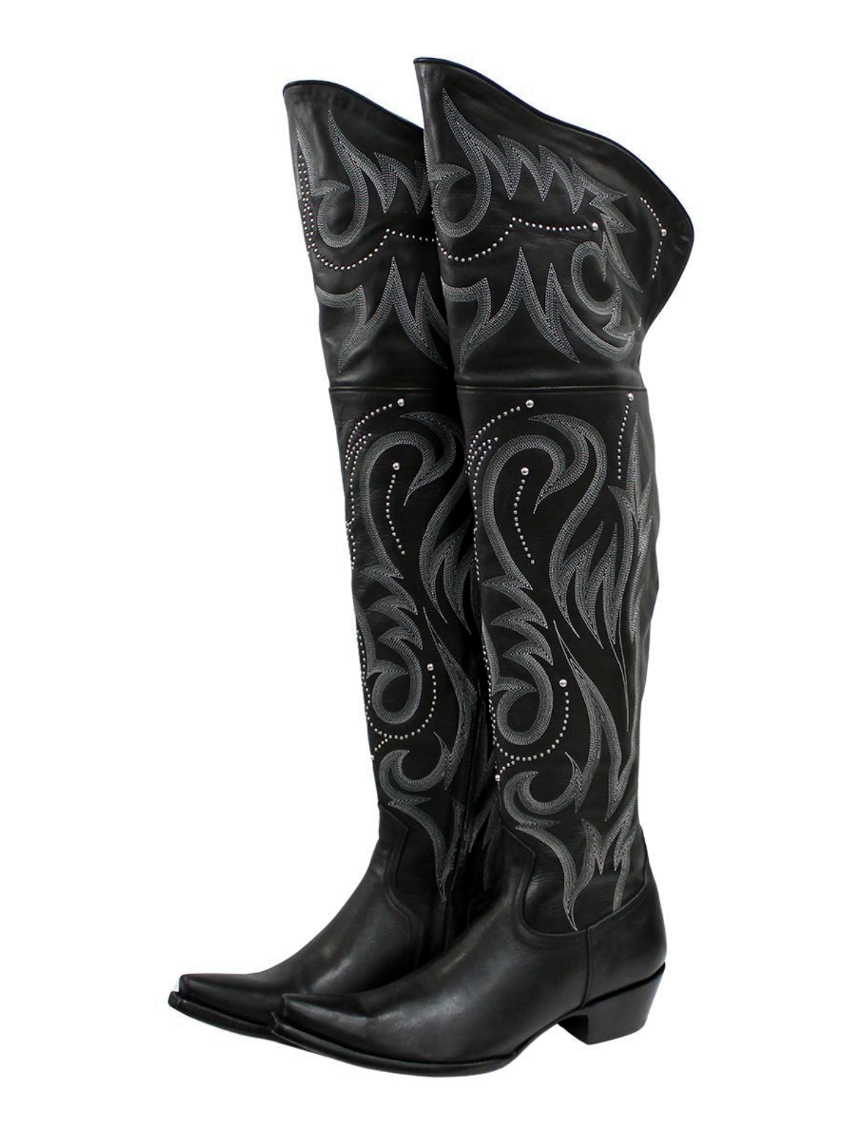 Black Snip-Toe Studded Embroidery Half-Zip Over-The-Knee Cowgirl Boots