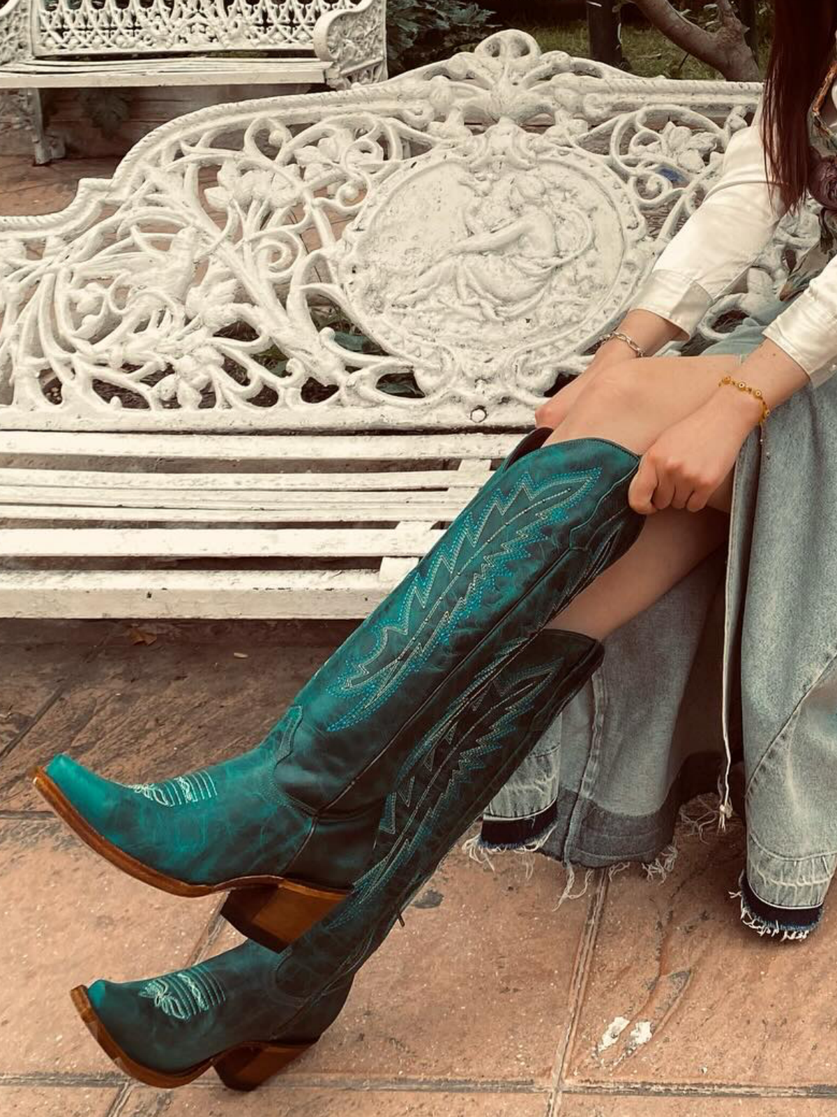 Distressed Turquoise Embroidery Studded Snip-Toe Half-Zip Cowboy Knee High Tall Boots For Women