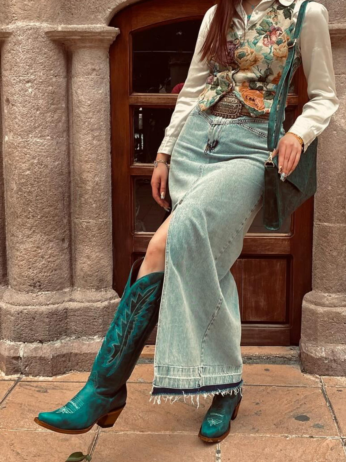 Distressed Turquoise Embroidery Studded Snip-Toe Half-Zip Cowboy Knee High Tall Boots For Women