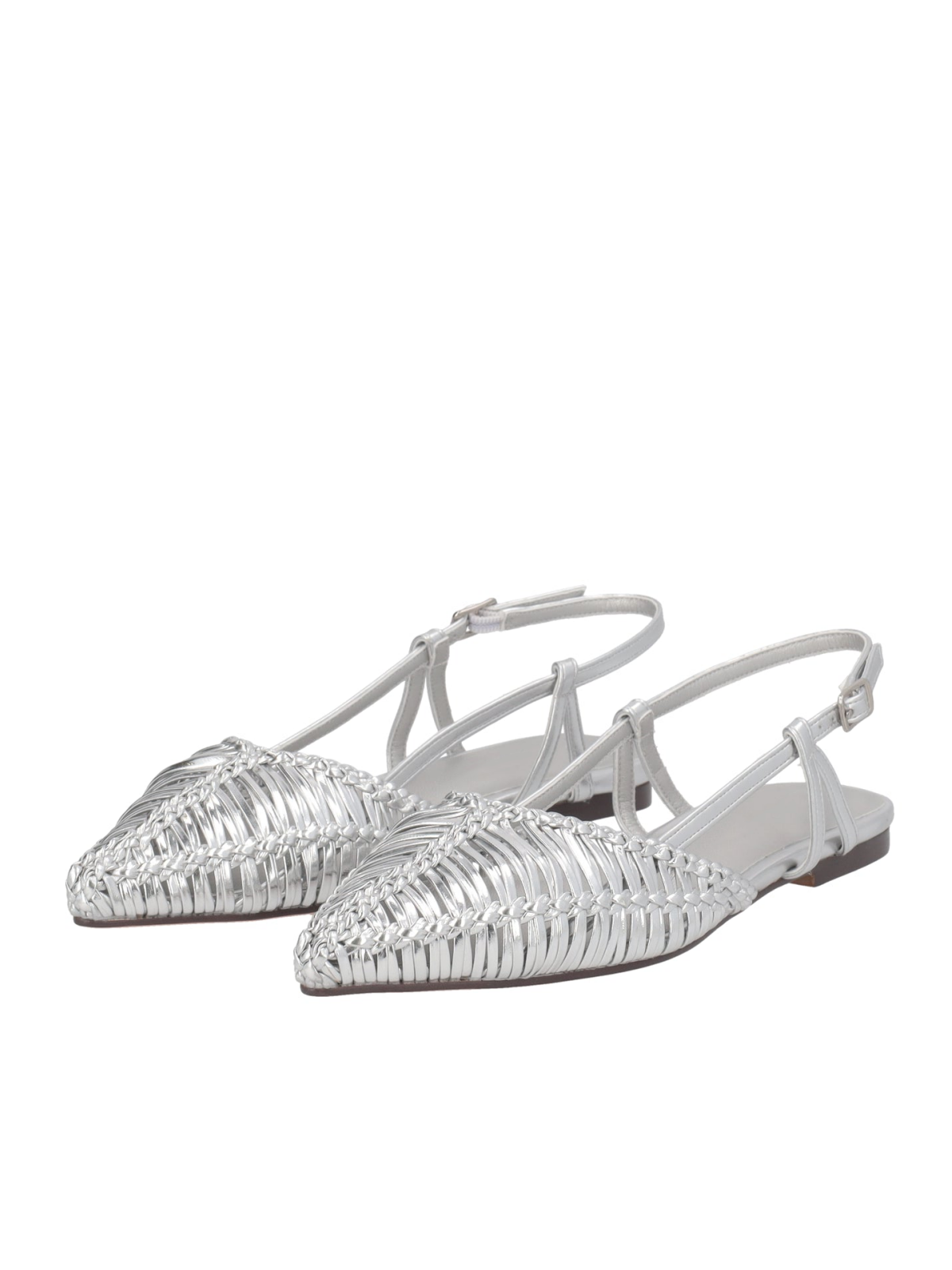 Metallic Silver Woven Pointy Slingback Ballerinas Flats With Buckled Strap