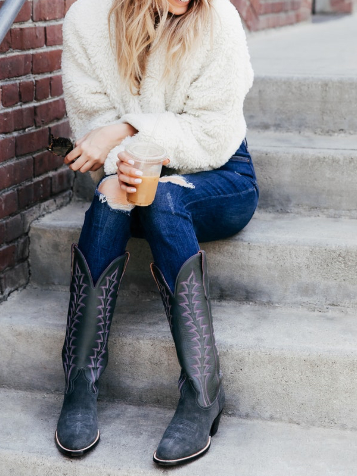 Contrast Purple And Gray Faux Suede Embroidery Almond-Toe Wide Mid Calf Tall Cowgirl Boots