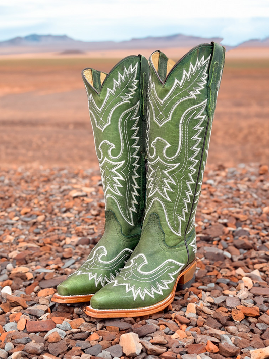 White Eagle Embroidery Snip-Toe Wide Calf Knee High Tall Cowgirl Boots - Green