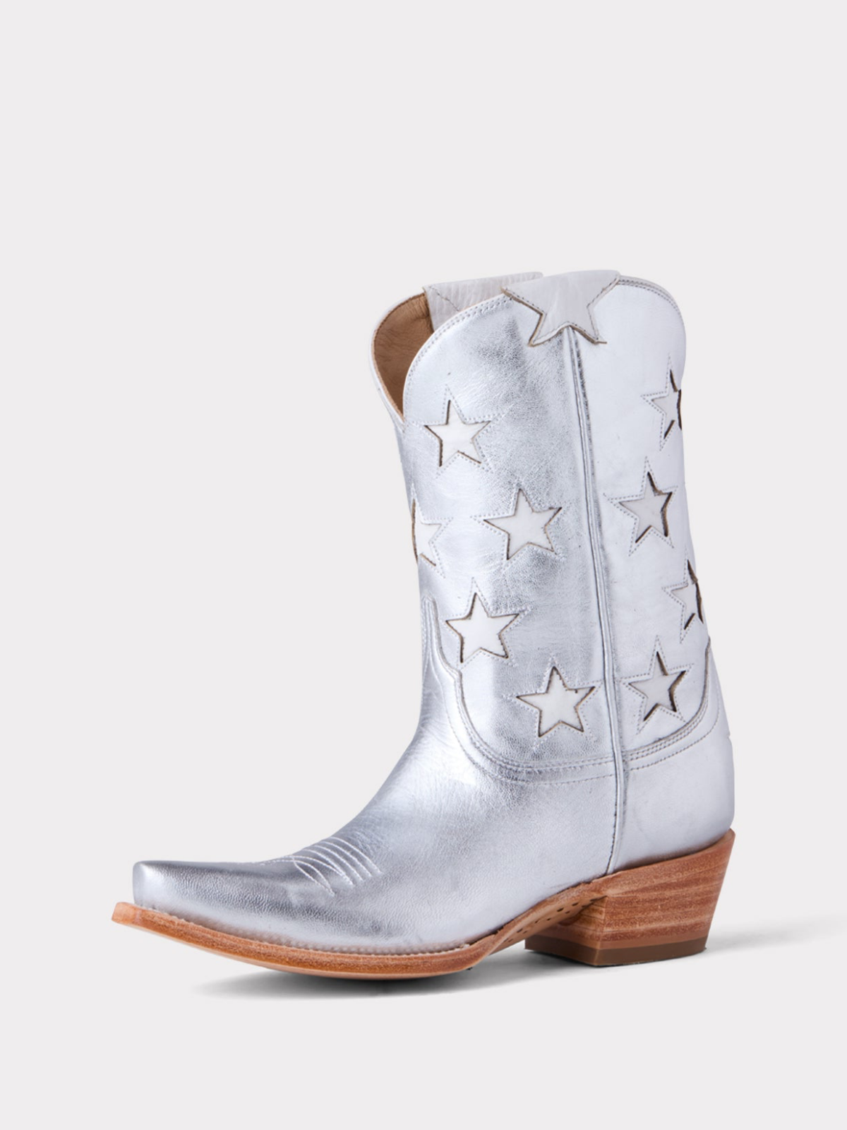 Metallic Star Inlays Snip-Toe Wide Mid Calf Western Boots For Women - Silver