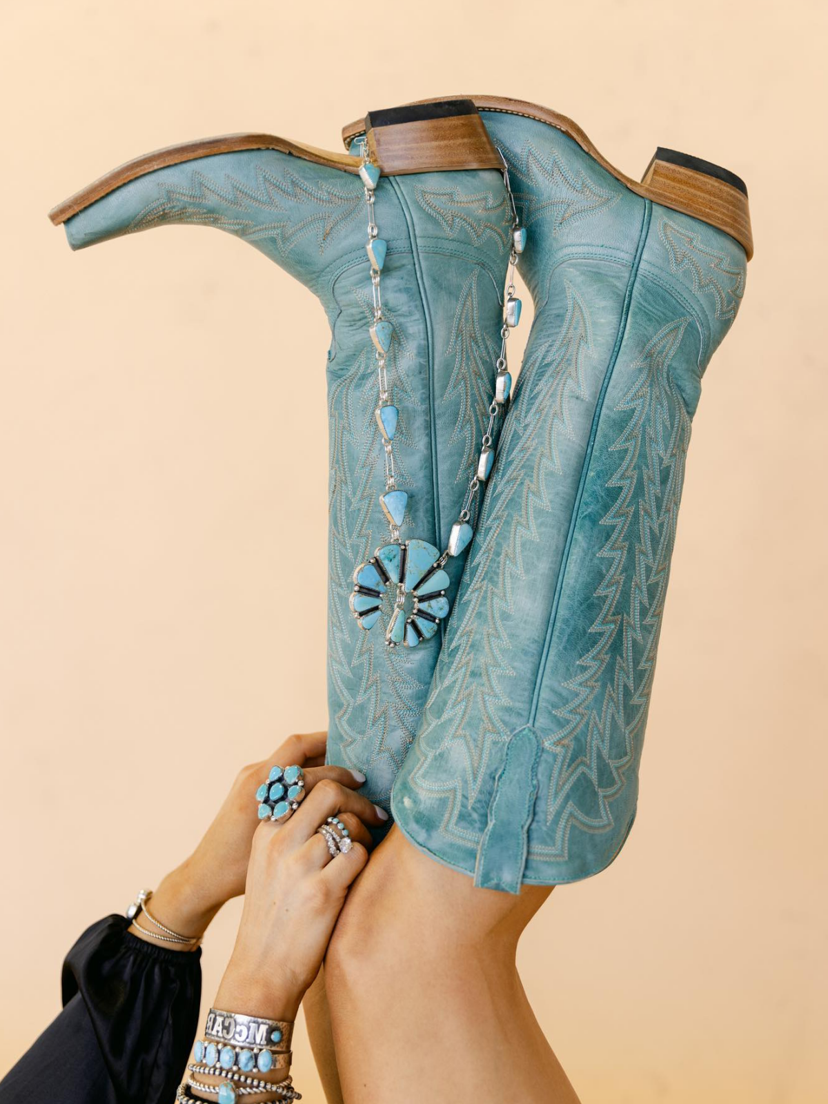 Distressed Turquoise Leaf Embroidery Wide Calf Knee High Tall Boots