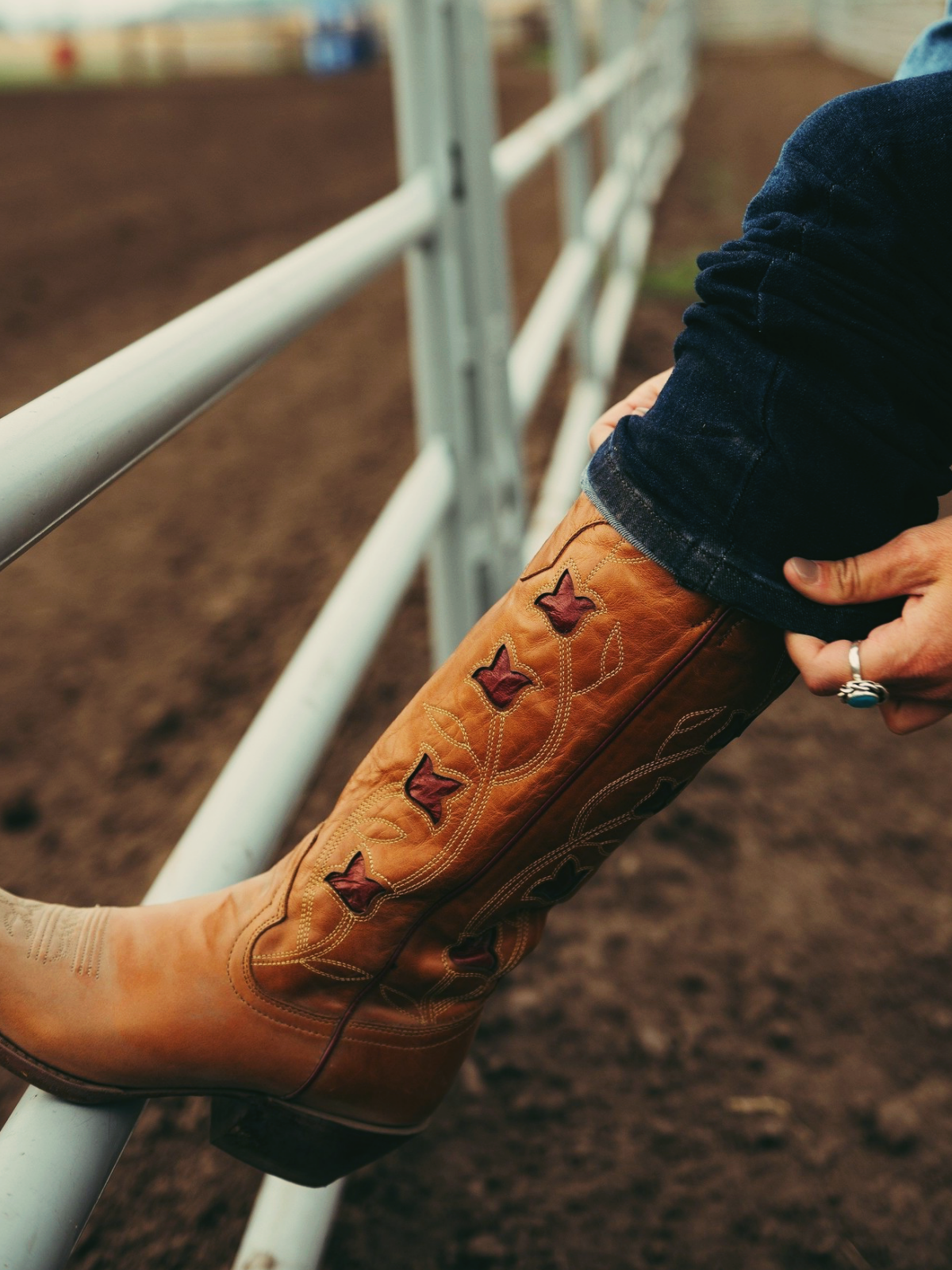 Cognac Snip-Toe Wide Mid Calf Western Cowgirl Boots With Red Flower Inlay