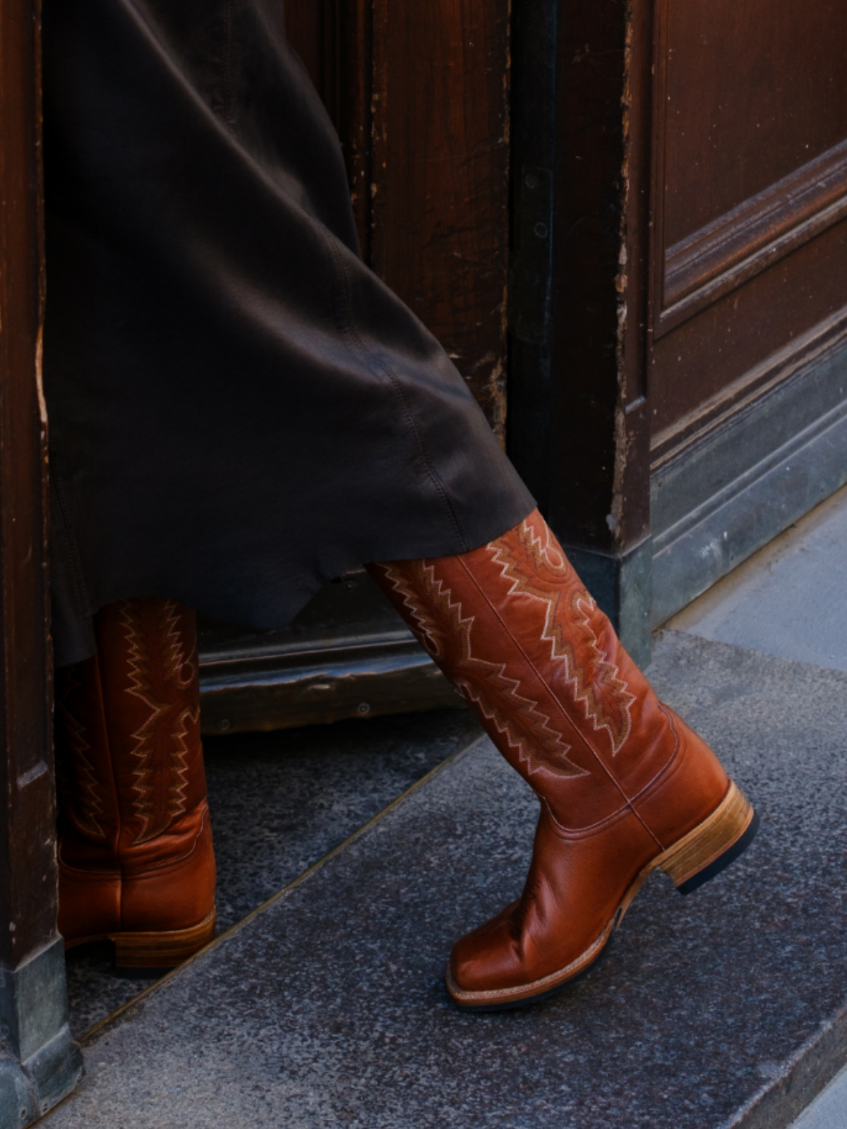 Cognac Embroidery Square-Toe Wide Mid Calf Tall Cowgirl Boots