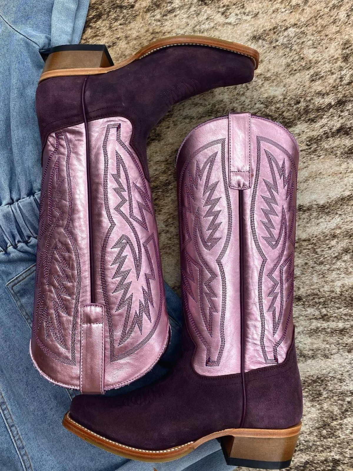 Faux Suede & Metallic Vegan Leather Embroidery Snip-Toe Wide Mid Calf Cowgirl Boots in Contrast Purple