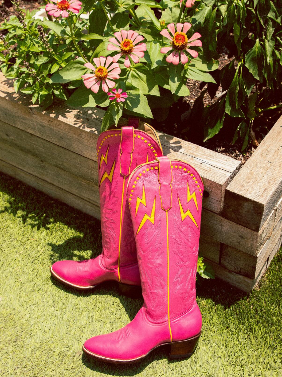 Yellow Lightning Inlay Stitch Embroidery Almond-Toe Wide Mid Calf Tall Cowgirl Boots - Fuchsia