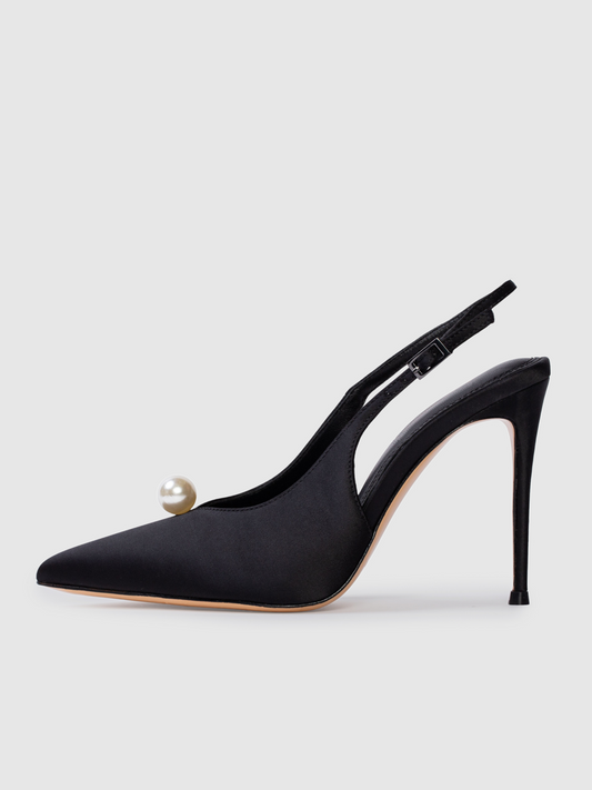 Black Satin Pointed-Toe Slingback Pump High Heels With Pearl