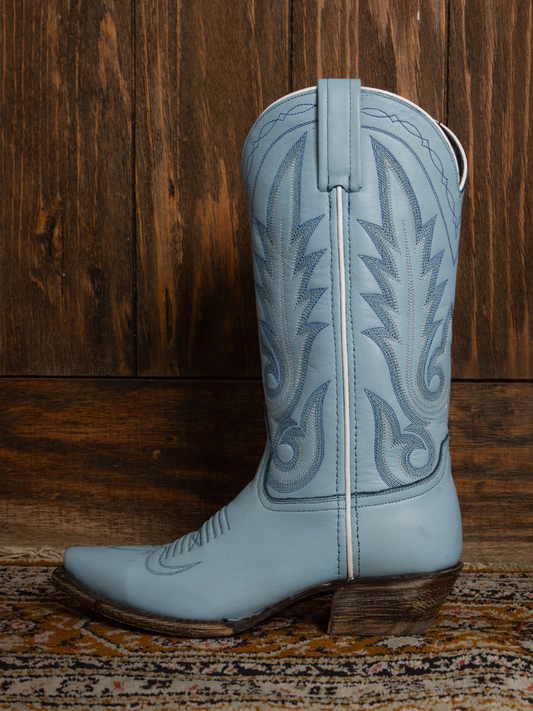 Powder Blue Snip-Toe Leaf Embroidery Wide Mid Calf Tall Cowgirl Boots