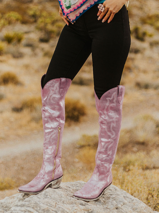 Metallic Crinkle Embroidery Pointed-Toe Half-Zip Over-The-Knee Cowgirl Boots - Rose Pink