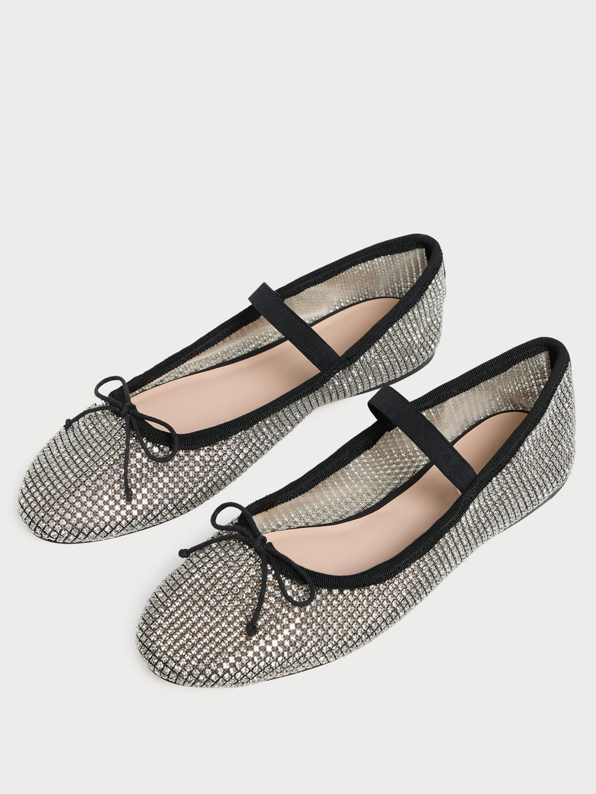 Black Almond-Toe Mesh Rhinestone Bridge Strap Bow Ballet Flats